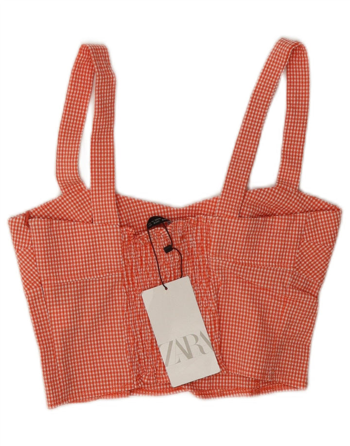 Top corto senza maniche da donna Zara UK 8 piccolo in cotone a quadretti rossi