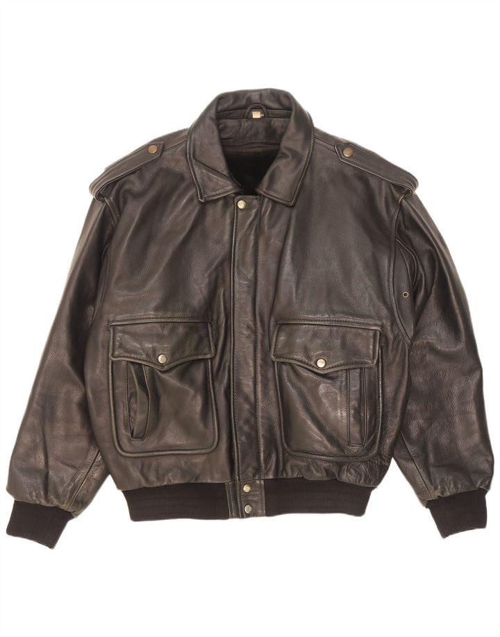 Giacca in pelle militare vintage da uomo UK 42 XL nera