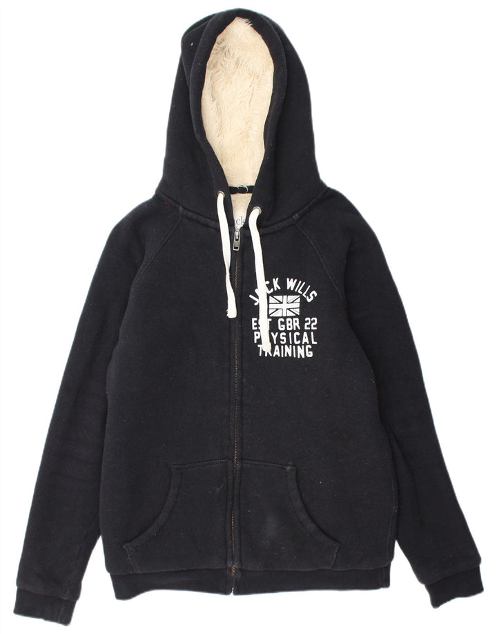 JACK WILLS Maglione con cappuccio e zip Sherpa grafico da donna UK 10 piccolo nero