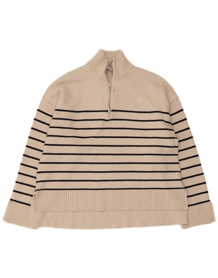 Maglione Zara da donna oversize con collo e zip UK 10 piccolo a righe beige