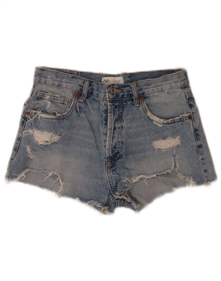 Pantaloncini in denim invecchiato da donna Zara EU 38 piccoli W28 cotone blu