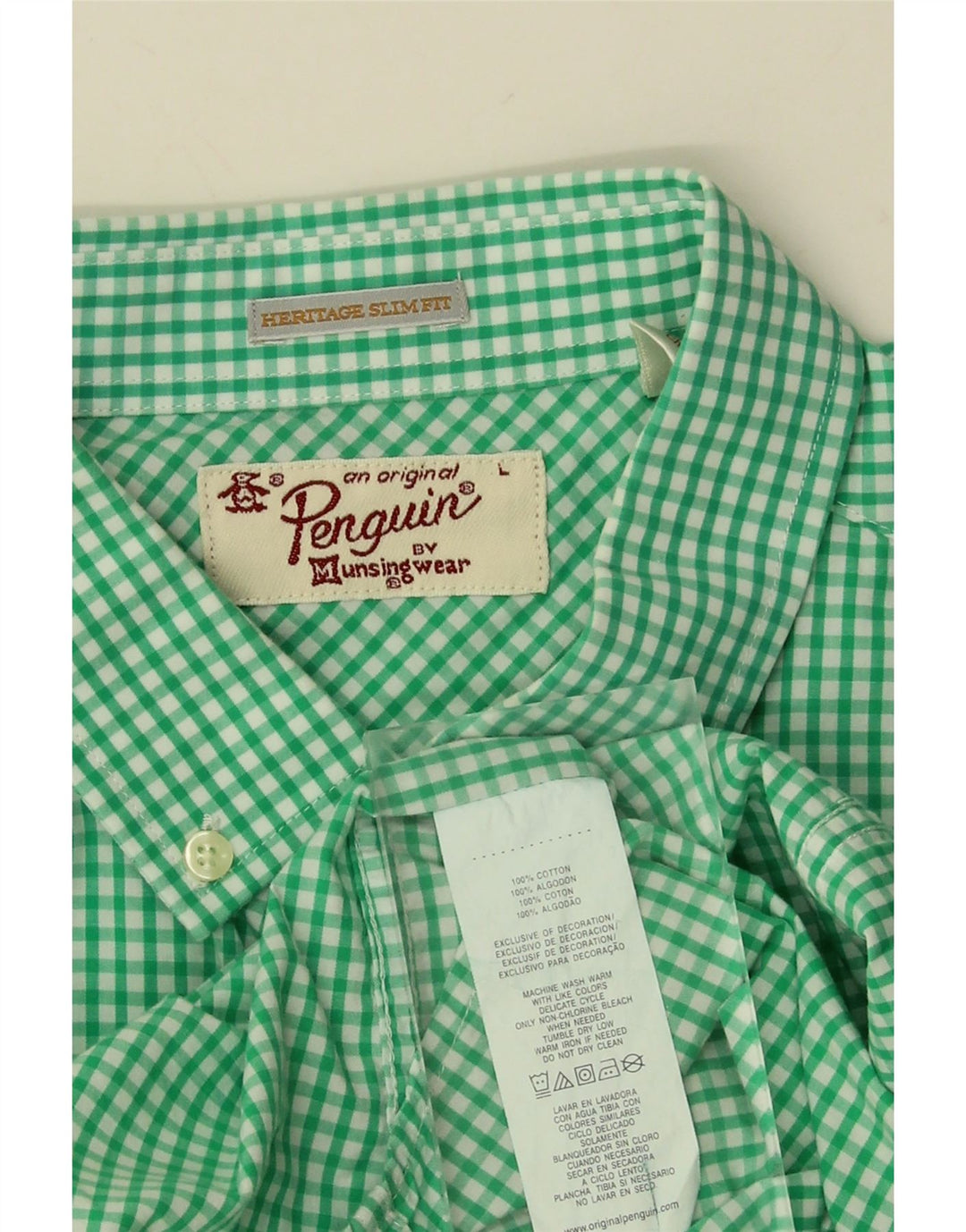 PENGUIN Mens Heritage Slim Fit Shirt Large Green Gingham Cotton
