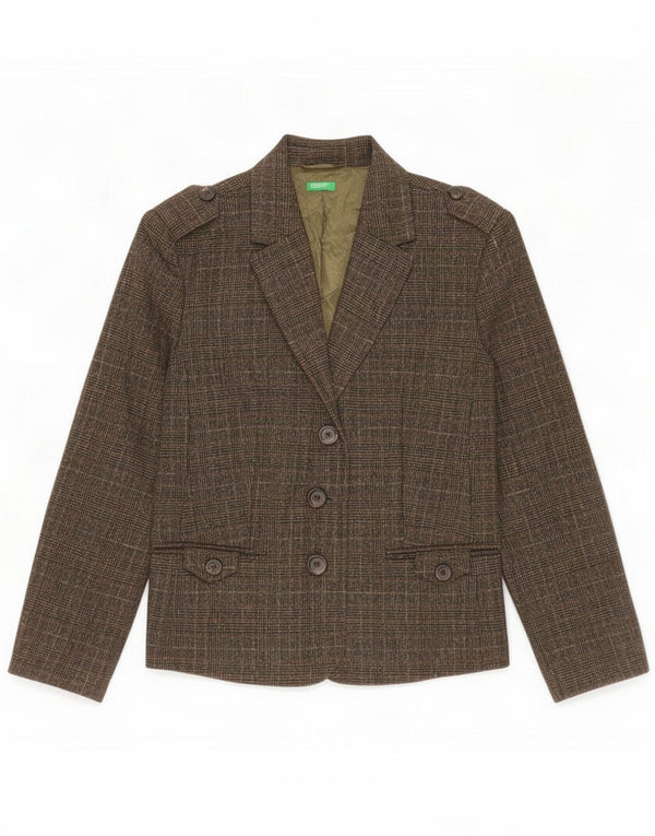 Benetton Giacca militare a 3 bottoni da donna IT 46 Large Khaki Check