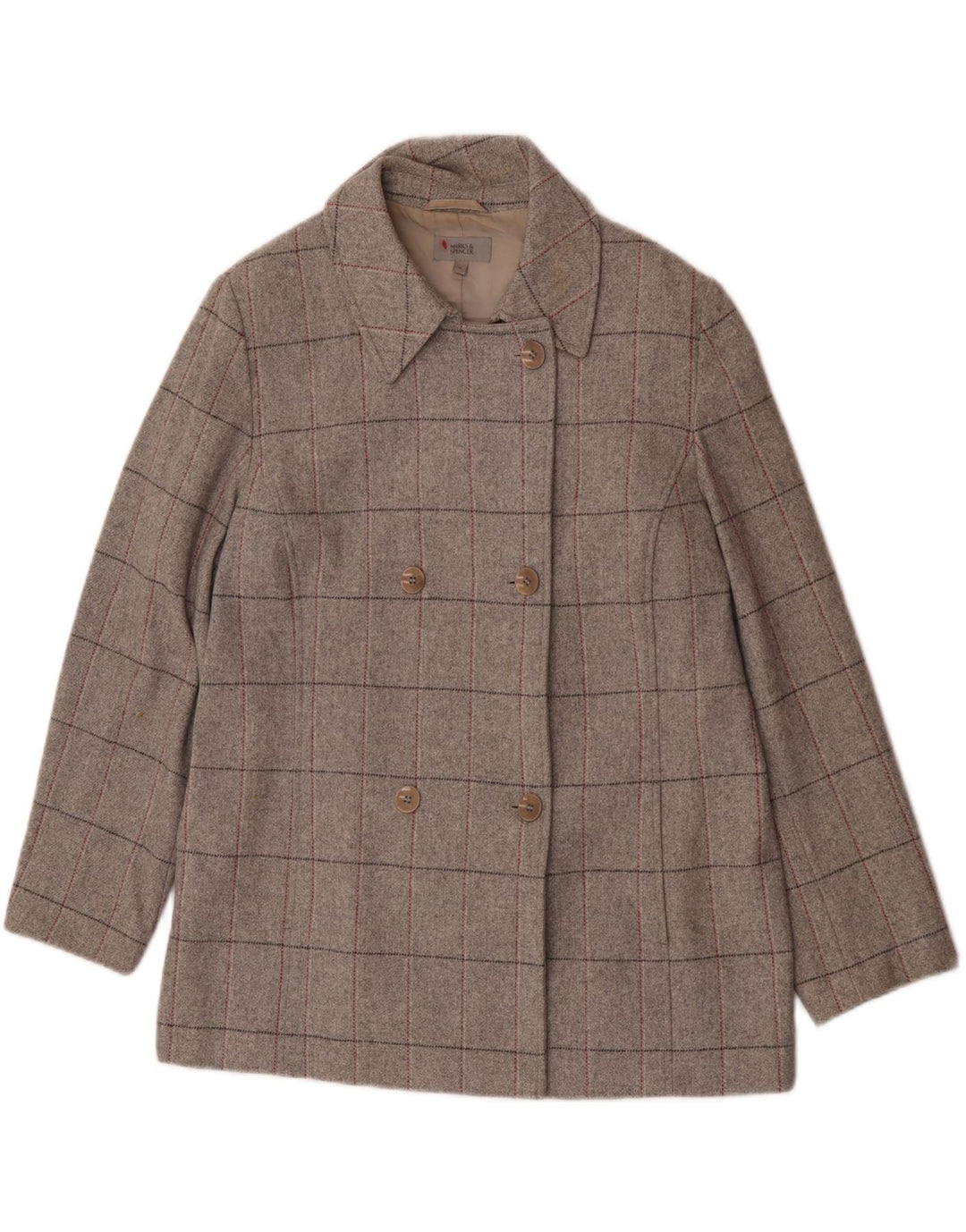 Cappotto doppiopetto da donna Marks & Spencer UK 18 XL lana vergine a quadri grigi