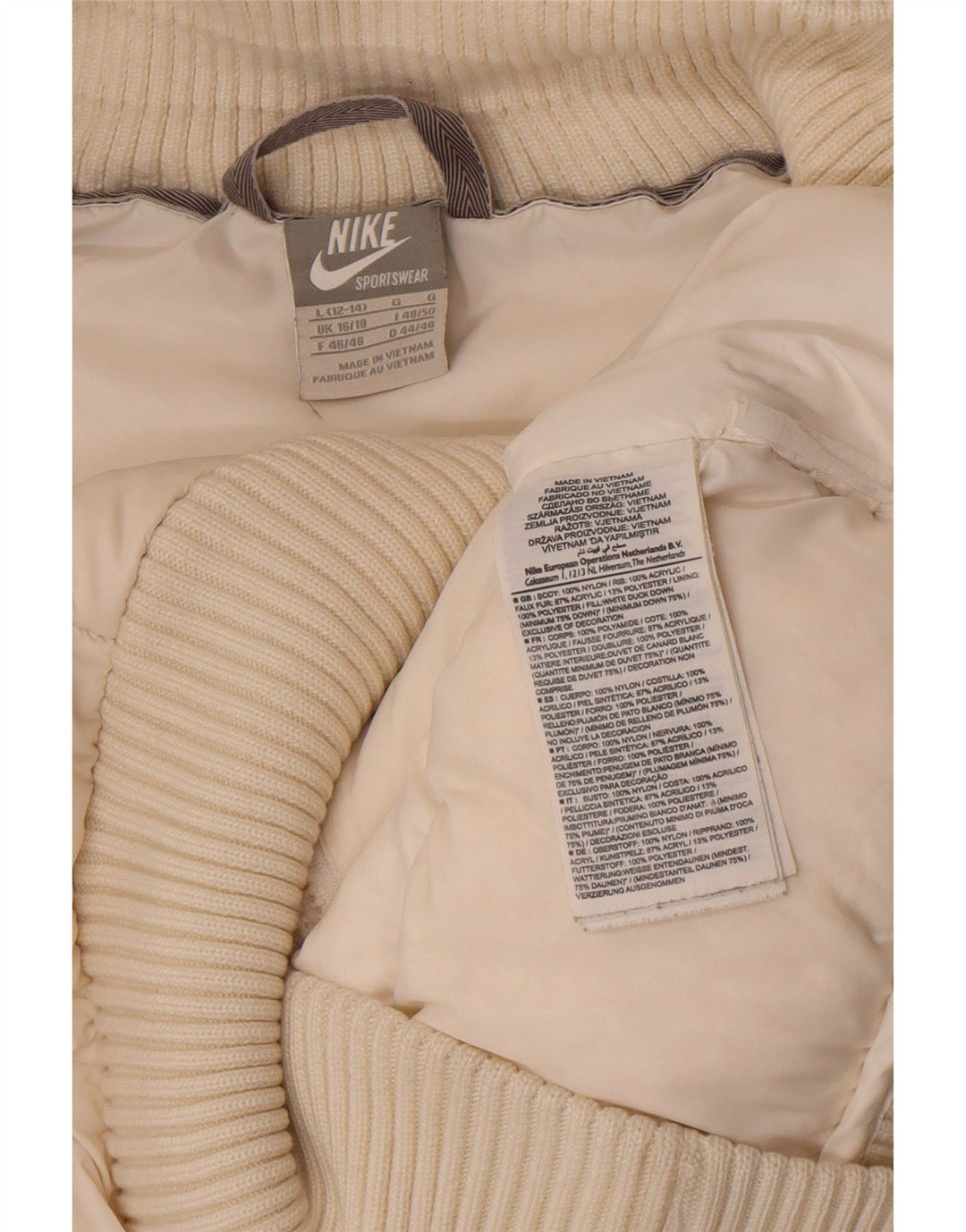 Giacca imbottita con cappuccio Nike da donna UK 16/18 grande nylon bianco sporco