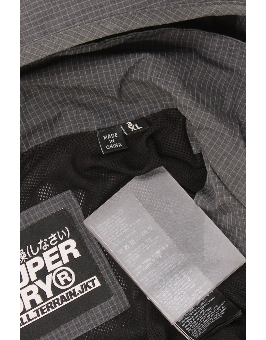 Giacca antipioggia da uomo con cappuccio grafico Superdry UK 46 3XL Poliestere a quadri grigio