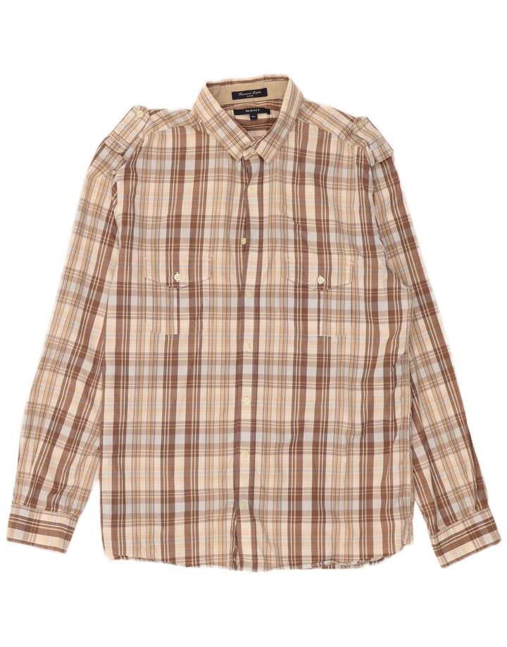 GANT Camicia militare aderente da uomo XL in cotone a quadri beige