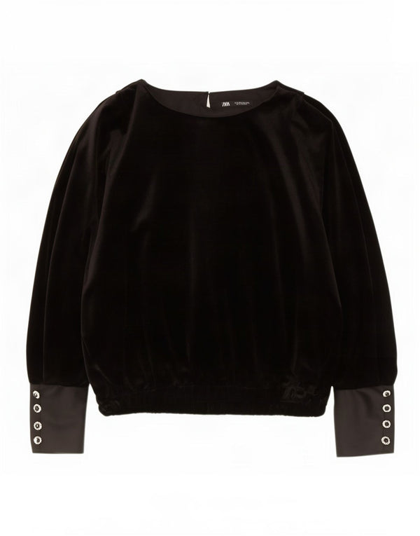 Zara Donna Camicetta Oversize in Velluto a Maniche Lunghe Top UK 14 Medio Nero
