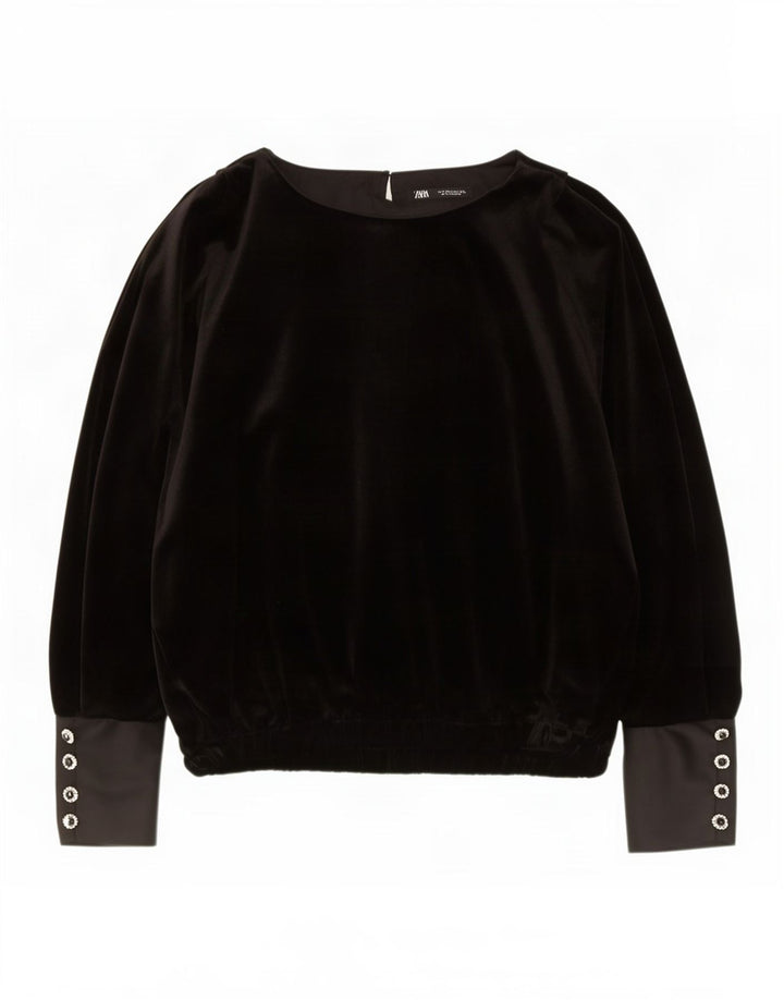 Zara Donna Camicetta Oversize in Velluto a Maniche Lunghe Top UK 14 Medio Nero