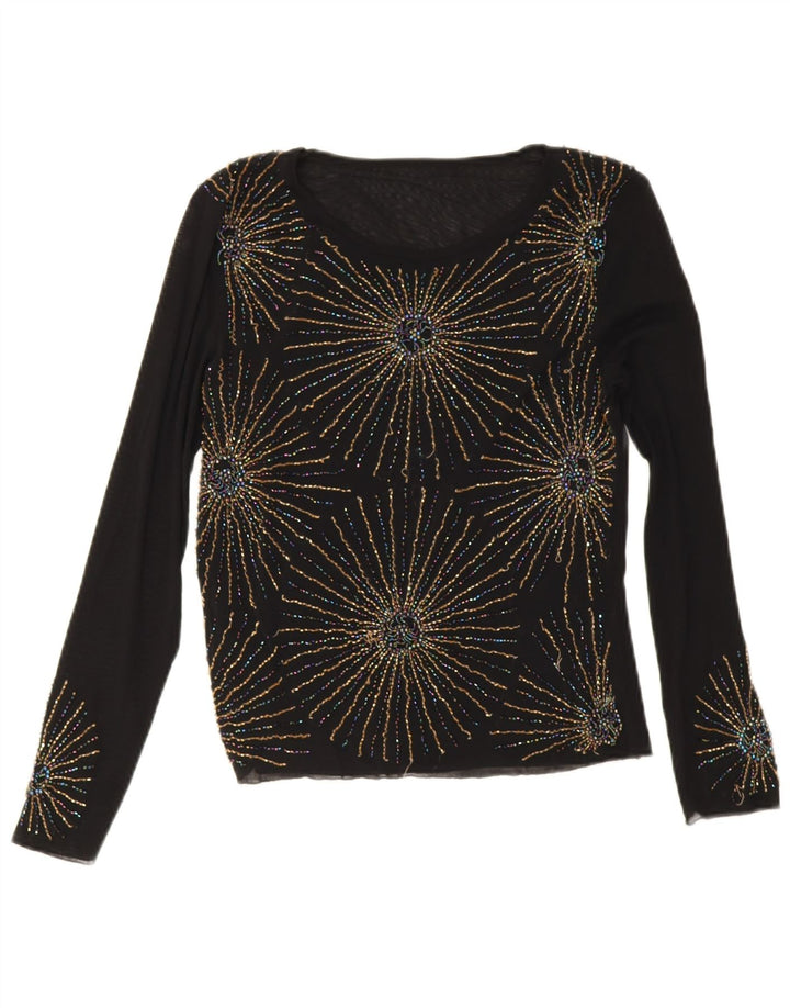Top da donna vintage a maniche lunghe UK 10 piccolo viscosa floreale nera