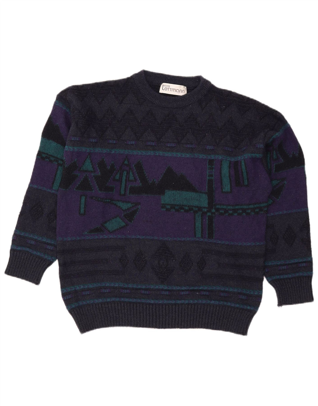 Maglione vintage da uomo girocollo IT 52 grande lana geometrica blu navy