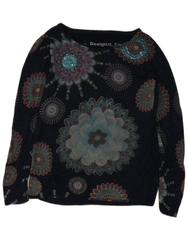 Desigual Donna Maglione con Collo a Barca Maglione UK 16 Grande Blu Navy Floreale