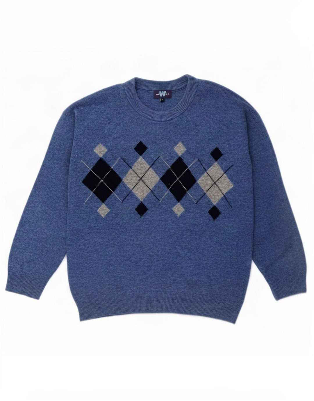Maglione maglione girocollo da uomo del fine settimana, blu medio, lana a rombi/diamante