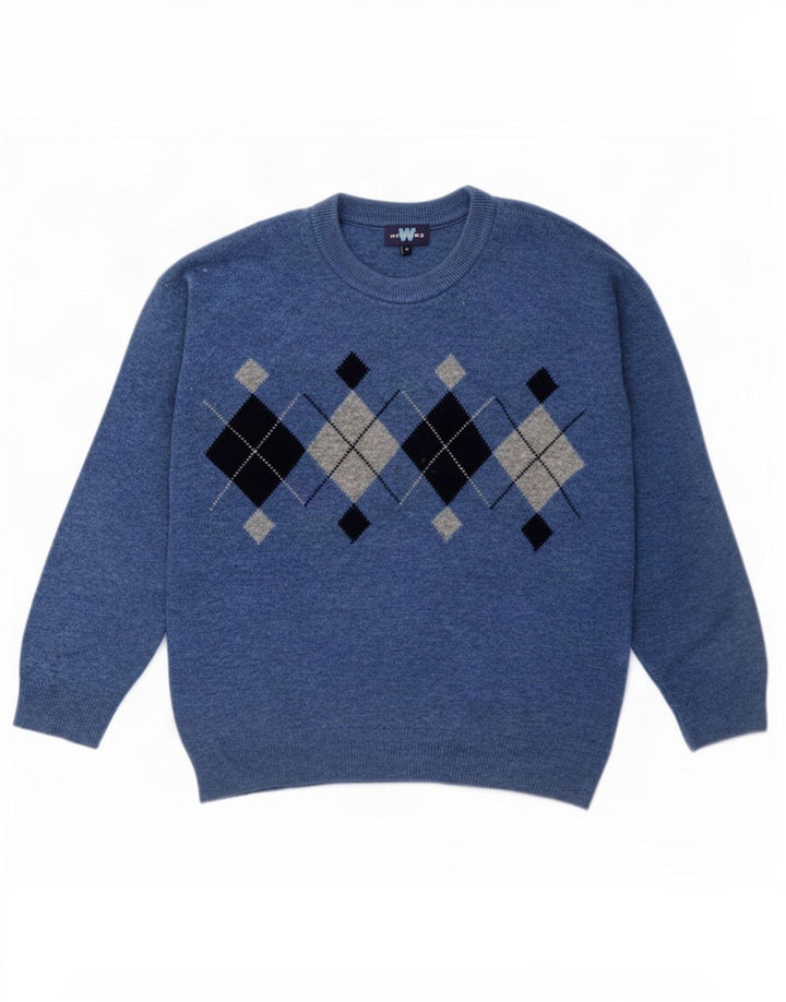Maglione maglione girocollo da uomo del fine settimana, blu medio, lana a rombi/diamante