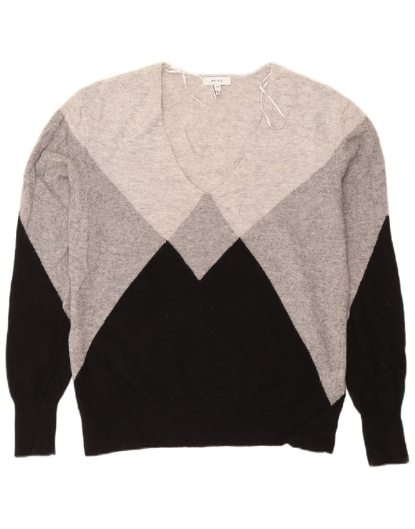 Maglione maglione con scollo a V da donna Reiss UK 14 Lana color block grigio medio