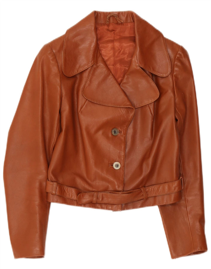 Giacca blazer in pelle vintage da donna a 2 bottoni UK 4 XS marrone