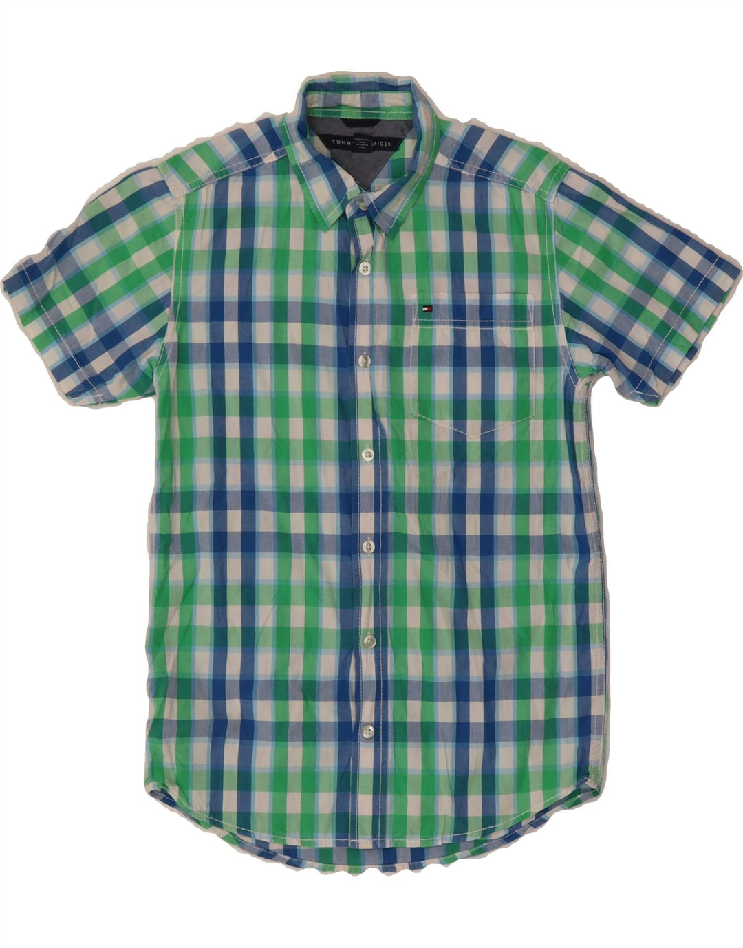 TOMMY HILFIGER Boys Short Sleeve Shirt 12-13 Years Medium Green Check Vintage Tommy Hilfiger and Second-Hand Tommy Hilfiger from Messina Hembry 