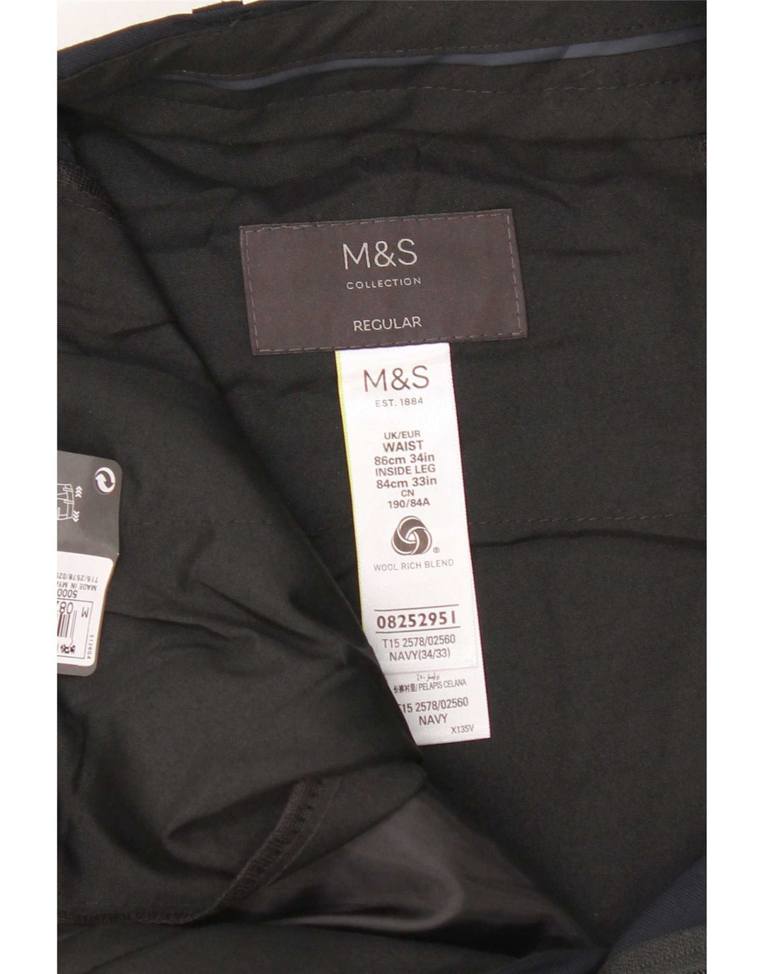 Pantaloni da abito regolari da uomo Marks & Spencer W34 L33 lana blu navy