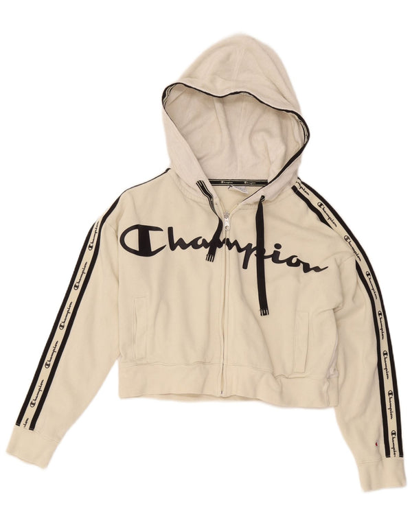 Felpa con cappuccio e zip corta grafica da donna Champion UK 14 Medium White