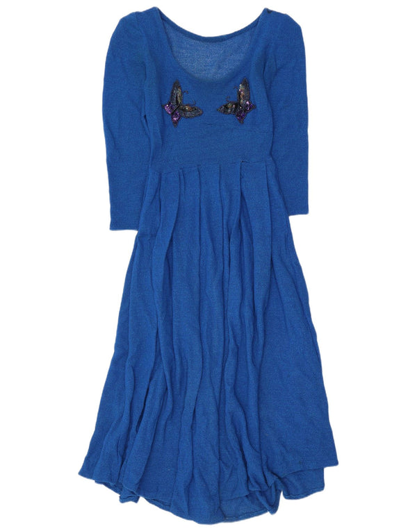 Abito lungo da donna vintage a maniche lunghe UK 4 XS farfalla blu
