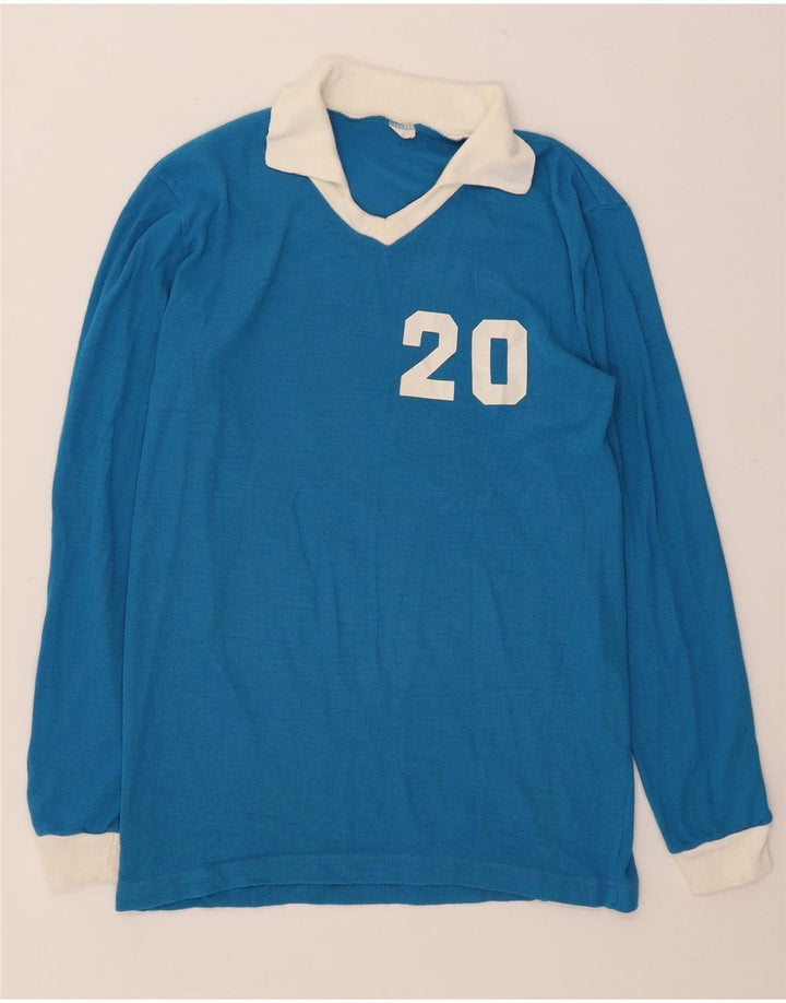 Polo da rugby grafica vintage da uomo a maniche lunghe blu medio