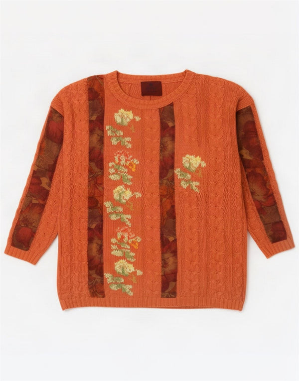 Maglione maglione con scollo a barca da donna vintage UK 14 Cotone floreale arancione medio