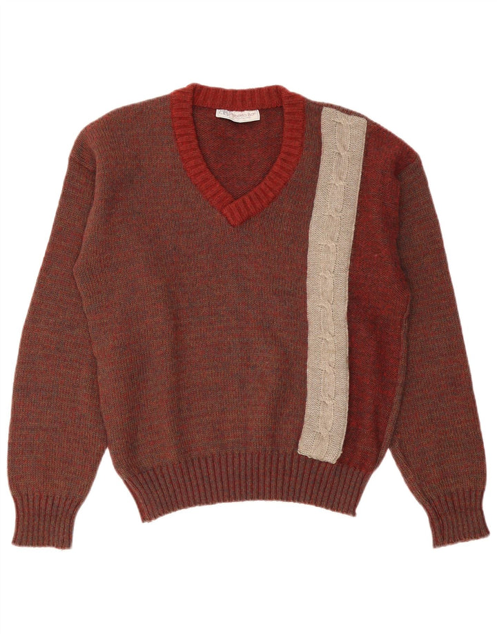Maglione vintage da uomo con scollo a V IT 52 Large Brown Colourblock