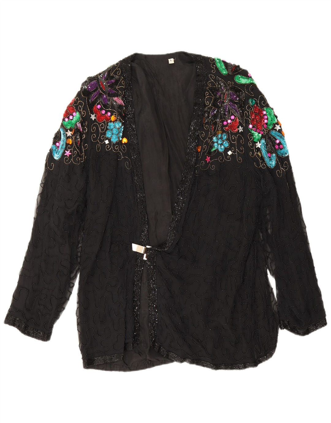 Giacca blazer da sera vintage da donna UK 16 grande seta floreale nera