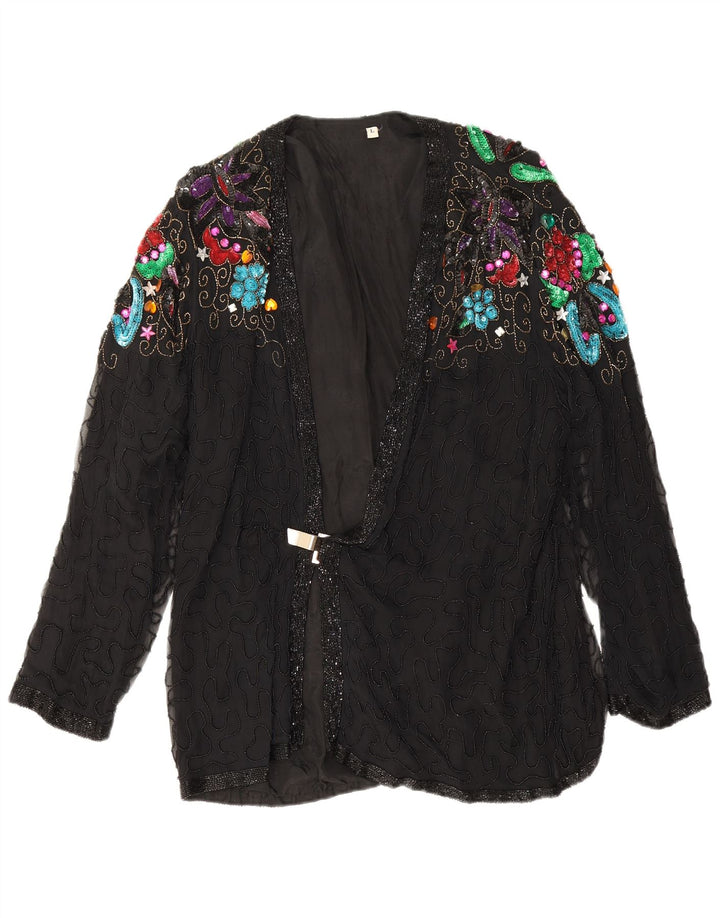 Giacca blazer da sera vintage da donna UK 16 grande seta floreale nera
