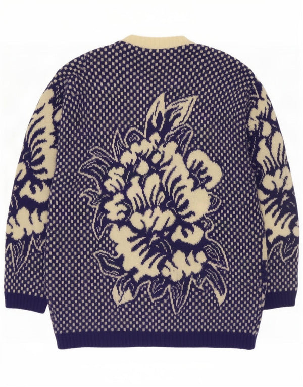 Maglione cardigan da donna vintage UK 16 grande lana floreale blu navy