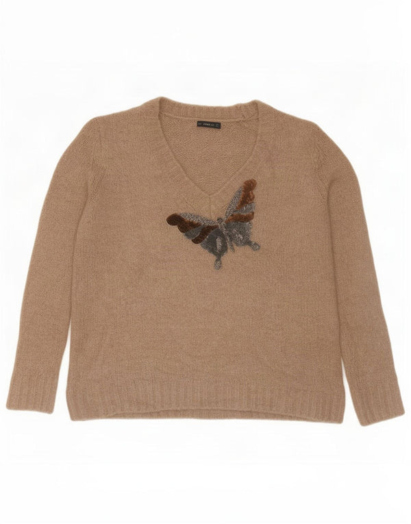 Maglione con scollo a V grafico da donna Zara UK 16 Farfalla beige grande