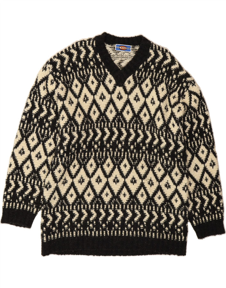 VINTAGE Mens V-Neck Jumper Sweater Large Black Argyle/Diamond Wool Vintage Vintage and Second-Hand Vintage from Messina Hembry 