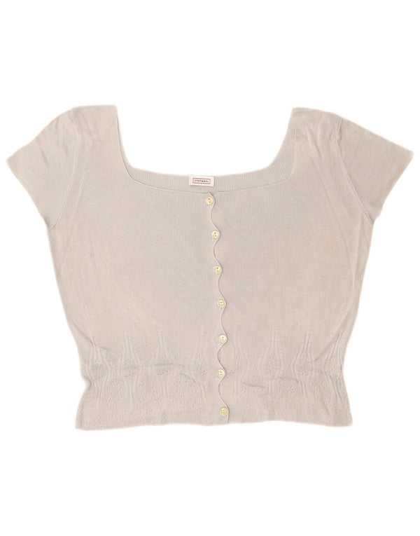 STEFANEL Womens Crop Short Sleeve Cardigan Sweater UK 14 Medium Blue Rayon