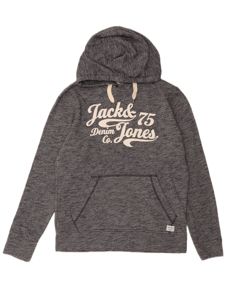 JACK & JONES Maglione con cappuccio grafico da uomo piccolo in cotone screziato blu navy