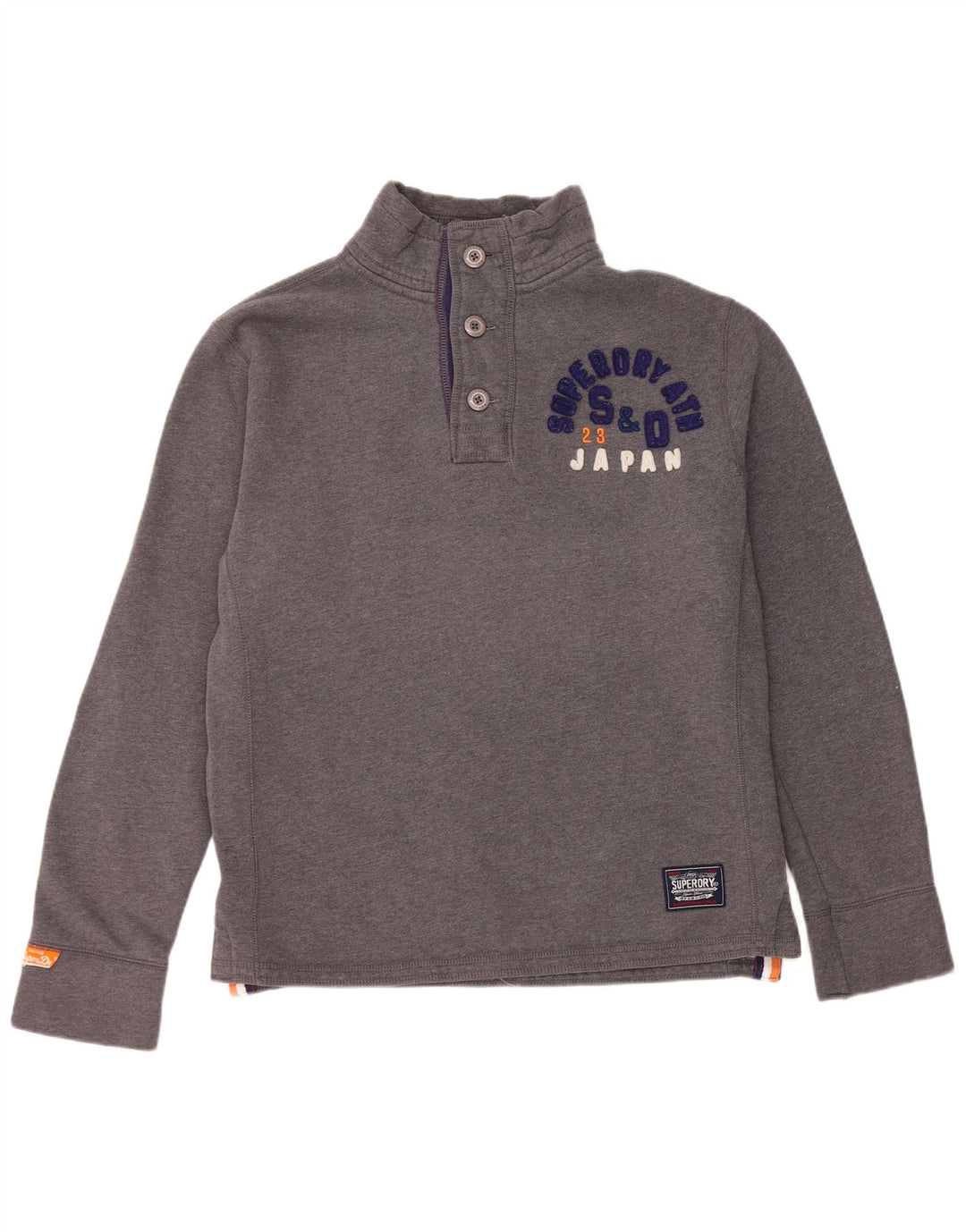 Felpa da uomo con collo con bottoni grafici Superdry, maglione grande, cotone grigio