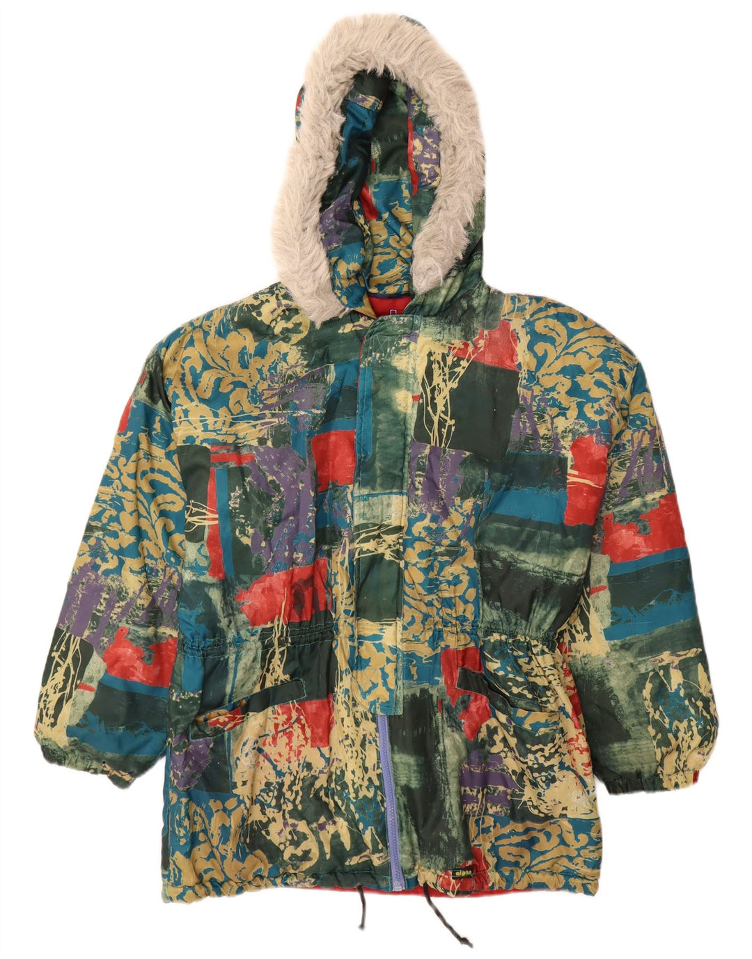 Cappotto vintage da uomo con giacca a vento con cappuccio UK 38 Poliestere patchwork verde medio