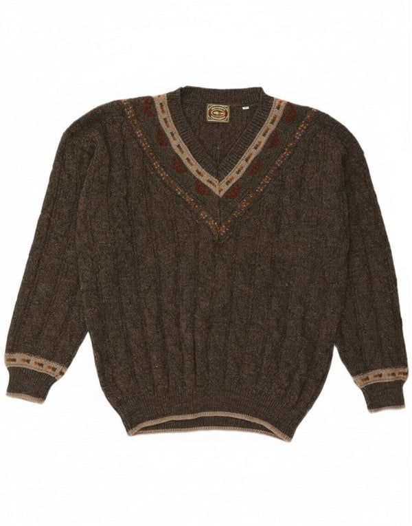 Noba 1950 Mens V-Neck Jumper Sweater IT 52 Large Khaki Geometric Wool