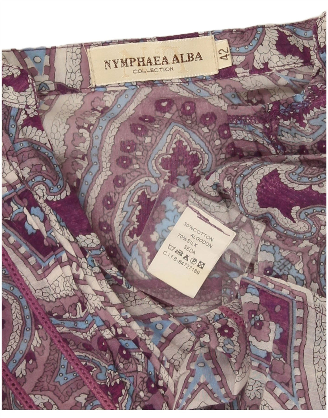 Nymphaea Alba Top tunica a maniche lunghe da donna IT 42 Seta Paisley viola medio