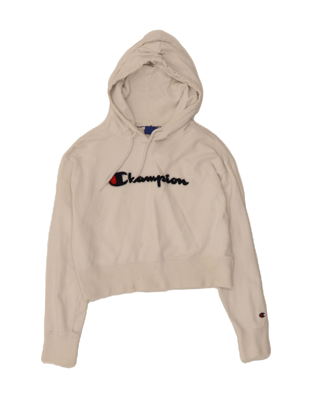 CHAMPION Womens Crop Graphic Hoodie Jumper UK 14 Medium White Vintage Champion and Second-Hand Champion from Messina Hembry 
