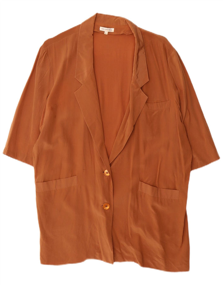 Giacca blazer vintage da donna a maniche corte a 2 bottoni UK 16 grande seta marrone
