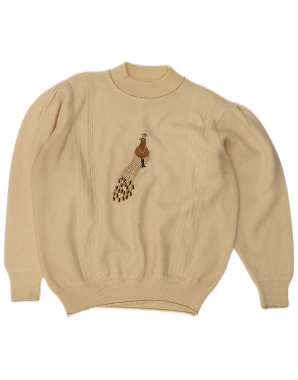 Maglione vintage da donna con collo alto e grafica UK 18 XL Beige