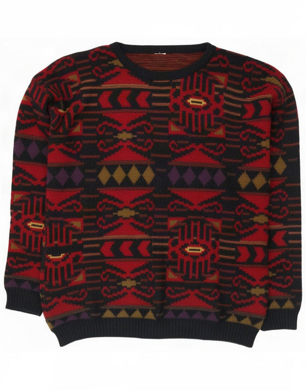 Maglione vintage da donna con scollo a barchetta UK 16 grande multicolore geometrico