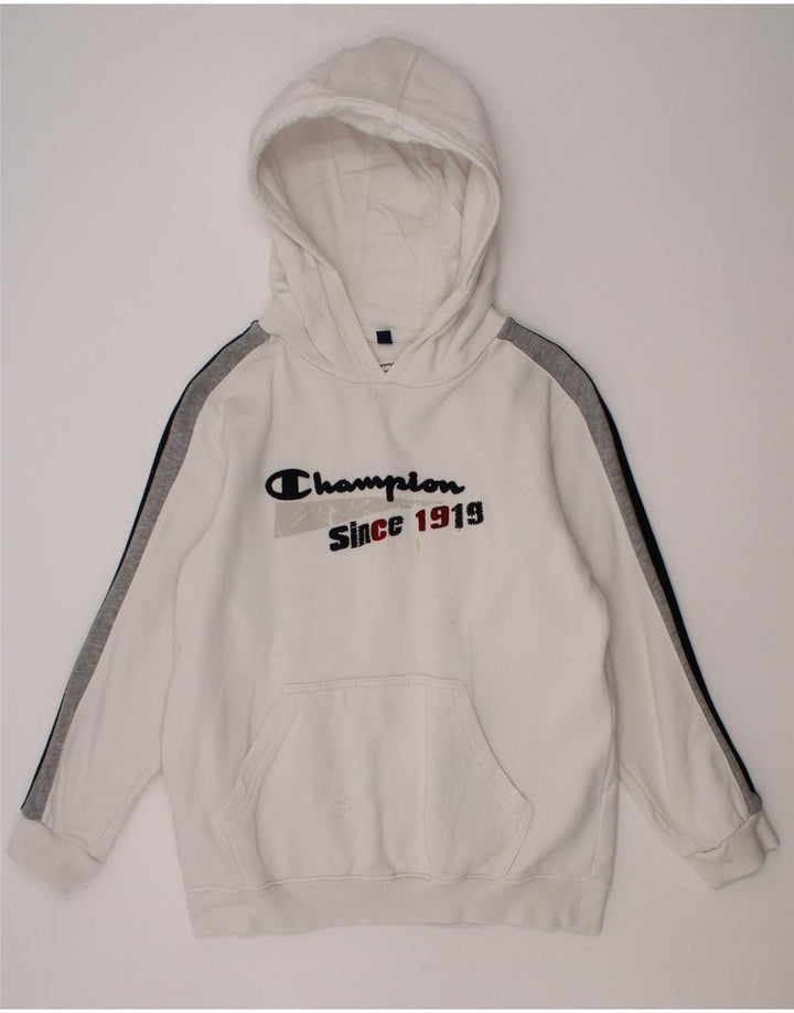 CHAMPION Boys Graphic Hoodie Jumper 9-10 Years Medium White Cotton Vintage Champion and Second-Hand Champion from Messina Hembry 