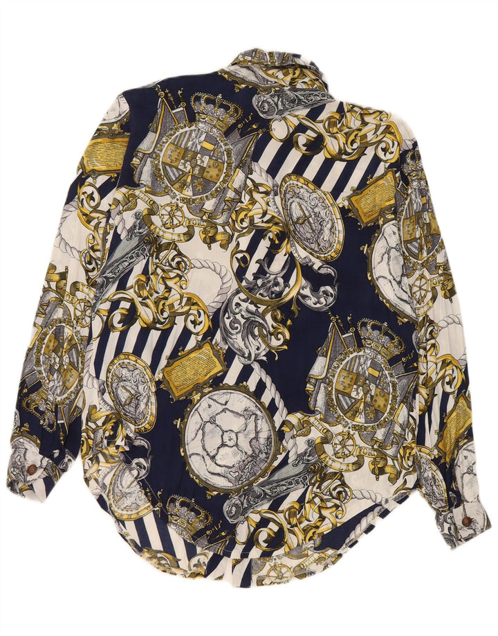 Camicia vintage da donna con motivo astratto UK 14 viscosa blu navy media