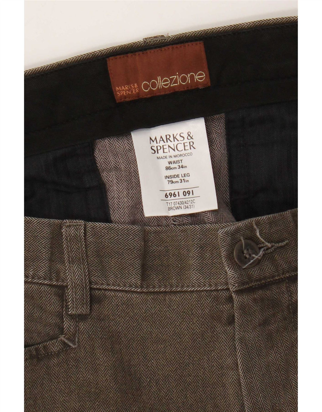 Pantaloni casual dritti da uomo Marks & Spencer W34 L31 Marrone a spina di pesce