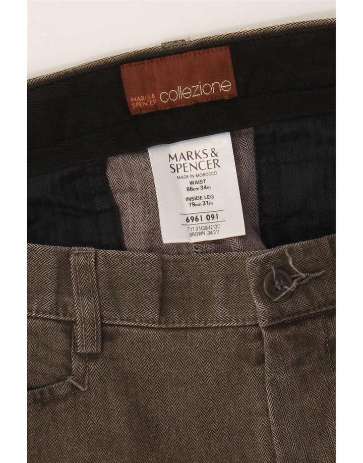 Pantaloni casual dritti da uomo Marks & Spencer W34 L31 Marrone a spina di pesce
