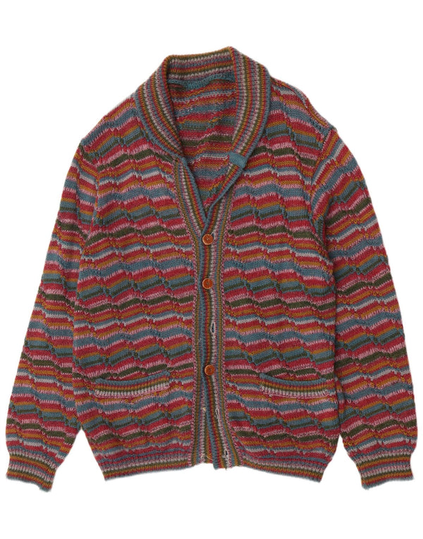 Maglione cardigan da uomo vintage in lana a righe multicolori di grandi dimensioni
