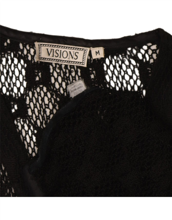 Top cardigan trasparente senza maniche da donna vintage UK 12 medio nero