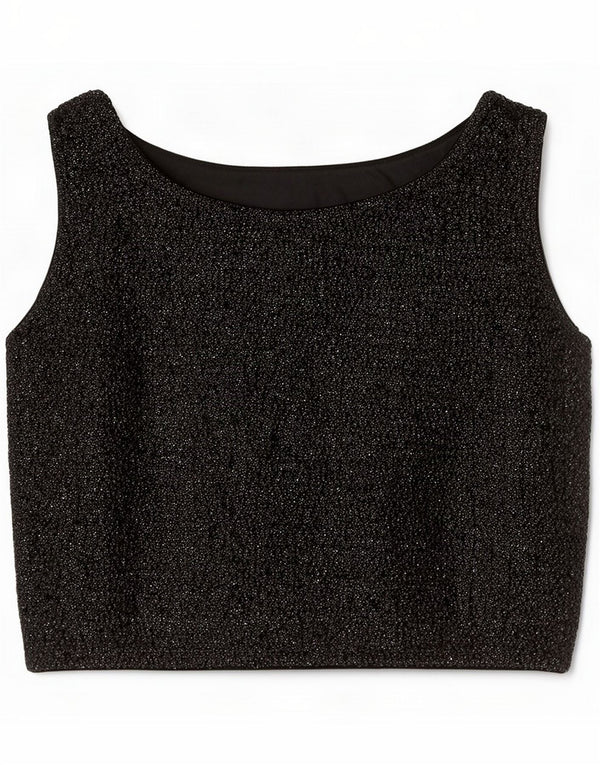 Top corto vintage da donna senza maniche trasparente UK 12 Lana d'agnello nera media