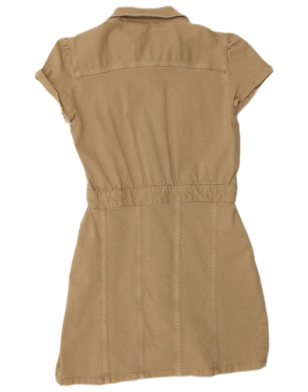 Abito camicia in denim a maniche corte da donna Zara UK 12 Cotone beige medio